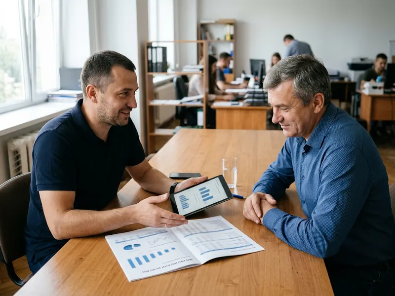 Інженер показує власнику бізнесу звіт про виконані роботи